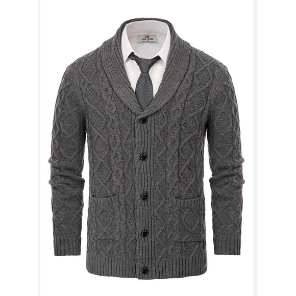 Paul Jones Men's Shawl Collar Cardigan Sweaters Cable Knit Aran Size M Office - Picture 1 of 14